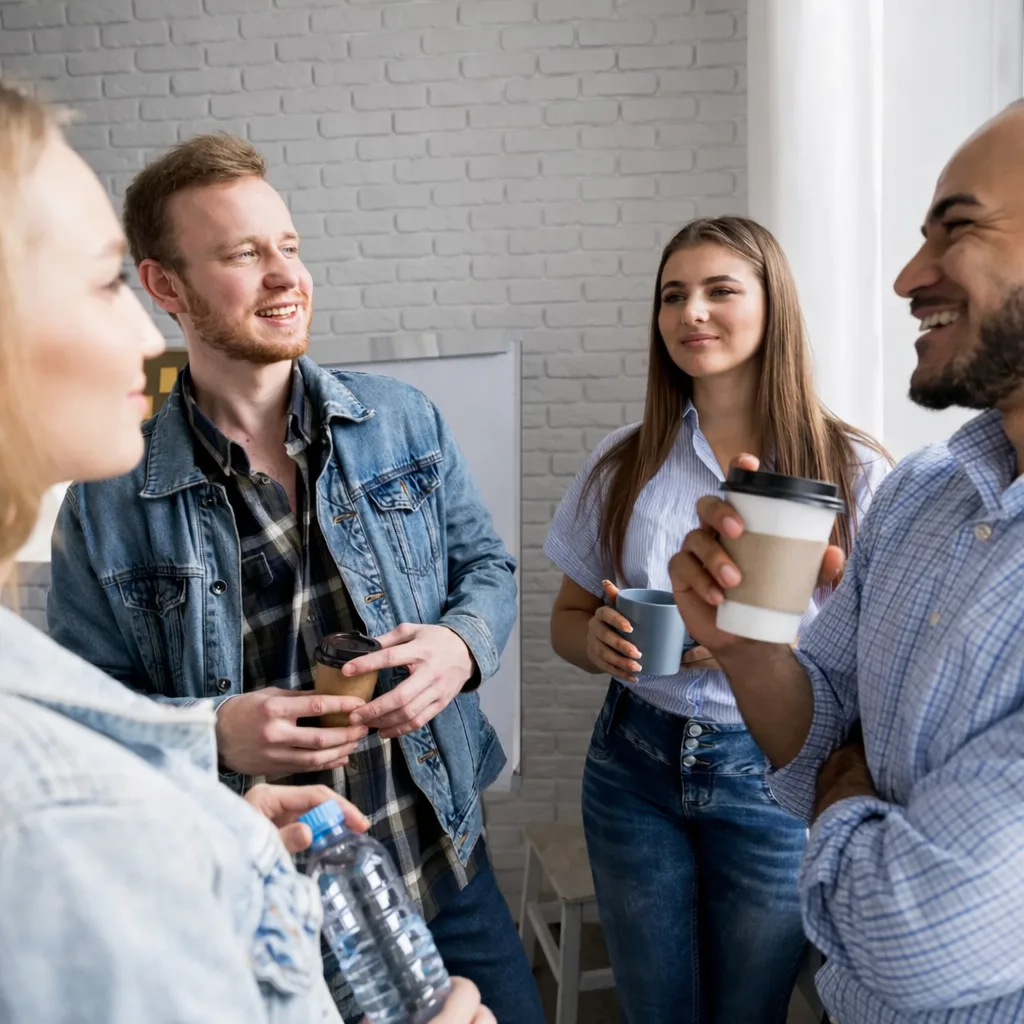 Four colleagues having a relaxed conversation over coffee in a workplace setting